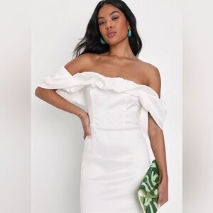 NWT Lulus Fanciful Feat White Taffeta Off-the-Shoulder Bodycon Mini Dress L